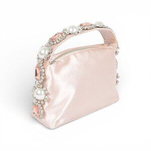 BNWT Brand New Rhinestone Pearl Embellished Top Handle Satin Soft Clutch Bag